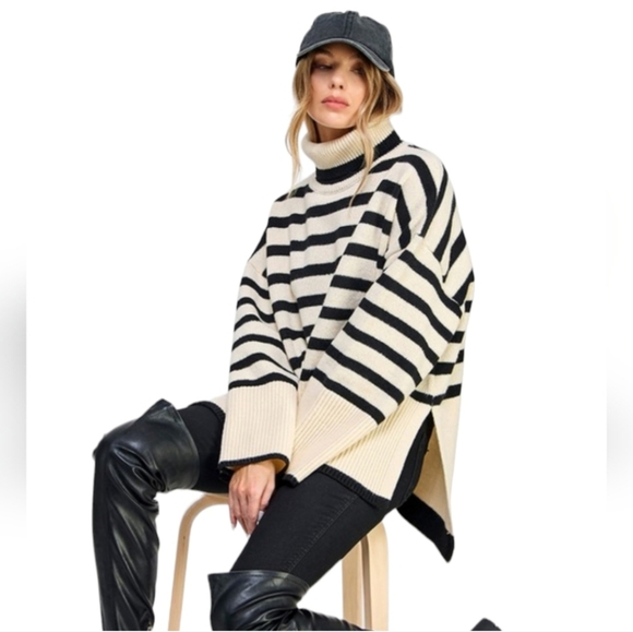 NEW Turtleneck Cowl Neck Stripe Knit Top Black Cream LARGE & Oversized - Picture 4 of 8